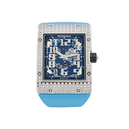 (62)RM016 Automatic in White Gold With Diamond Case on Blue Rubber Strap with Skeleton Dial