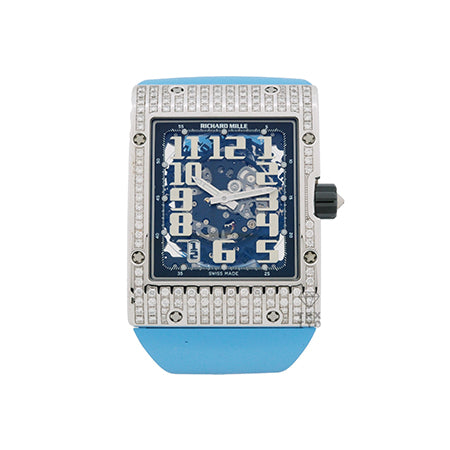 (62)RM016 Automatic in White Gold With Diamond Case on Blue Rubber Strap with Skeleton Dial