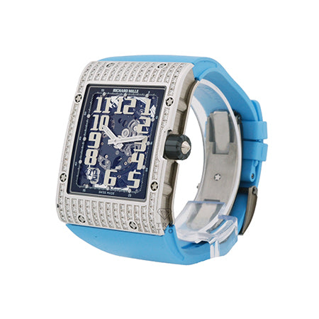 (62)RM016 Automatic in White Gold With Diamond Case on Blue Rubber Strap with Skeleton Dial