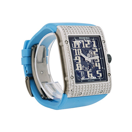 (62)RM016 Automatic in White Gold With Diamond Case on Blue Rubber Strap with Skeleton Dial