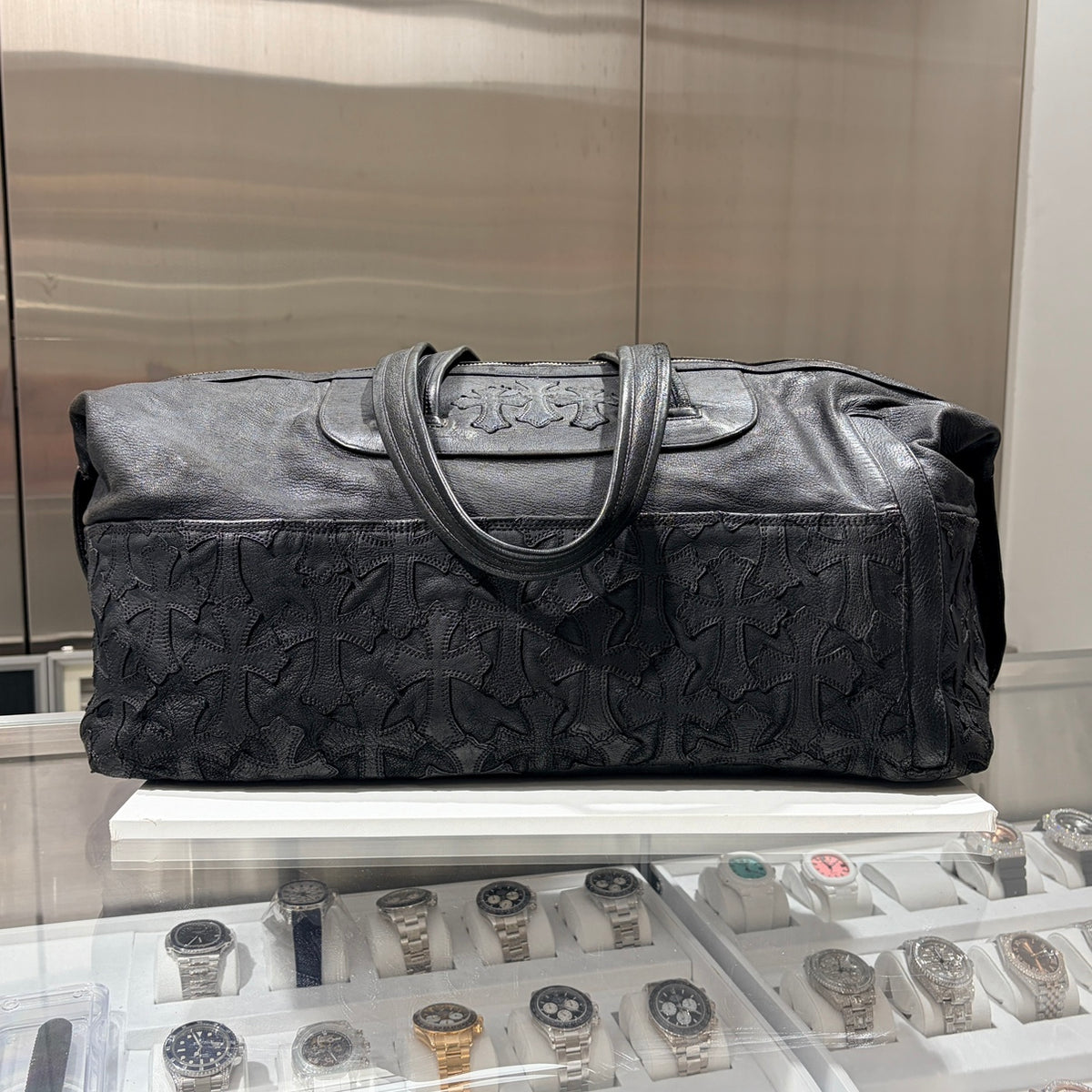 CHROME HEARTS クロムハーツ レザーボストンバッグ ブラック セメタリークロスパッチ