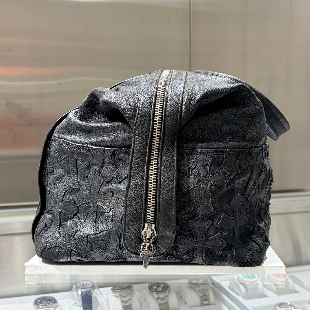 CHROME HEARTS クロムハーツ レザーボストンバッグ ブラック セメタリークロスパッチ